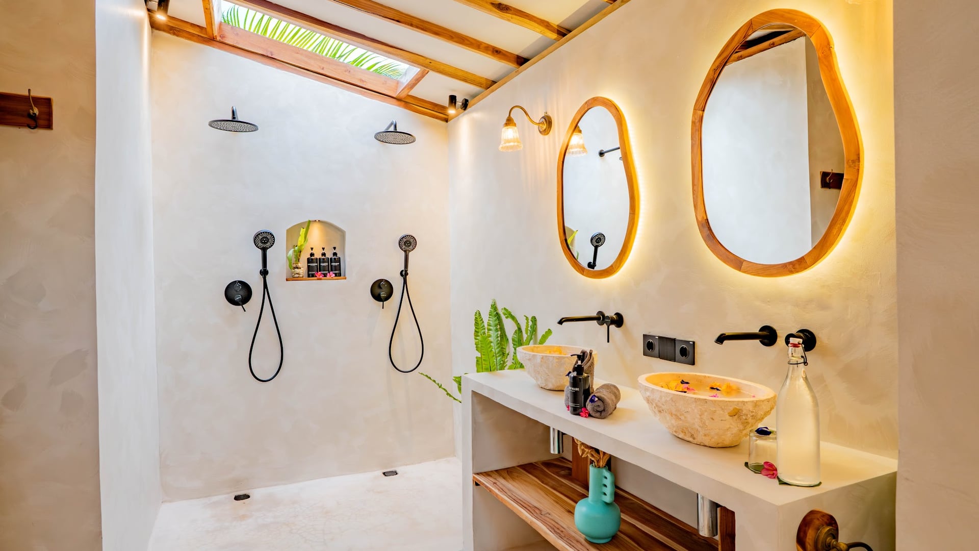 Step into a serene sanctuary where tropical light dances through clea…