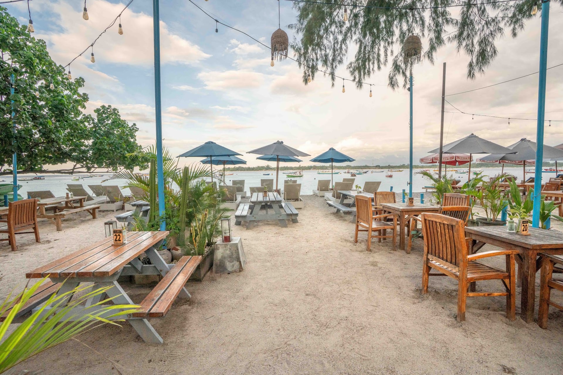 Morning light dances on sun loungers, while palms sway gently in the…